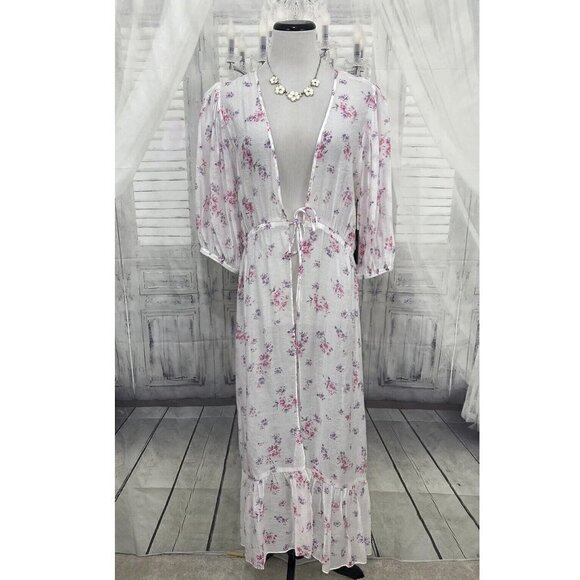 Vince Camuto Medium Sheer White Pink Floral Beach Dress Swim Cover Up Sleeves - Picture 1 of 11